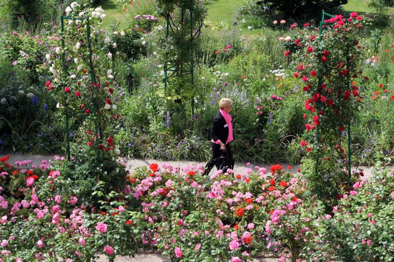 a woman walking in a garden