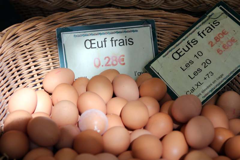 a basket of eggs with a price tag