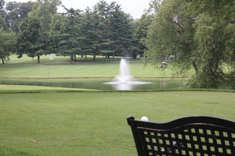 a fountain in the middle of a pond