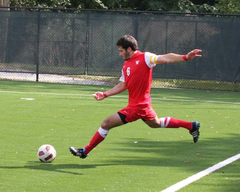 a man kicking a football ball