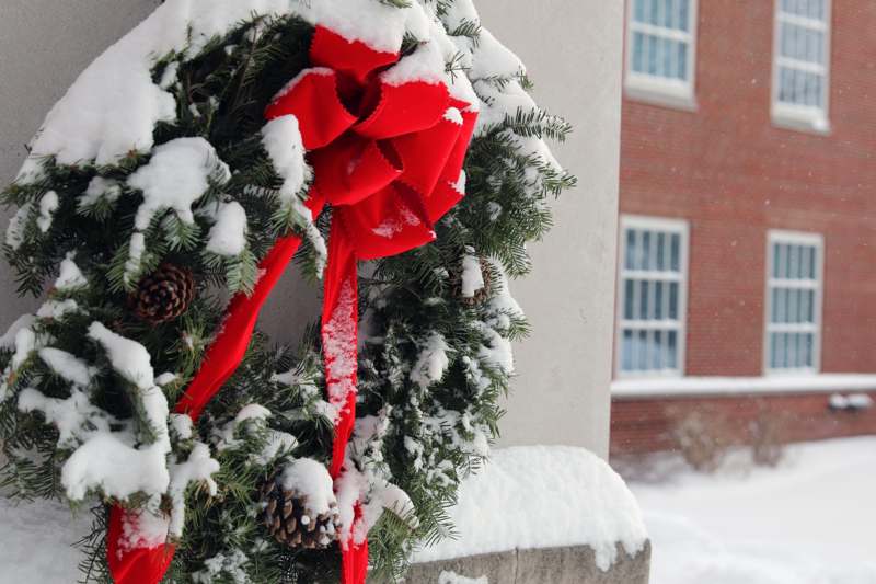 a wreath with a red bow and pine cones on a snowy day