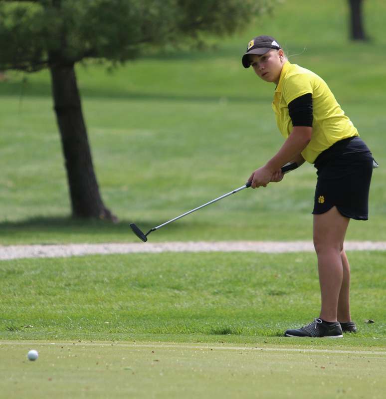 a woman playing golf on a golf course