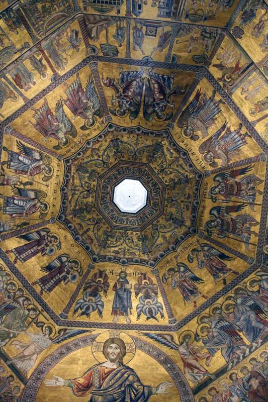 a gold and blue painted ceiling with Florence Baptistery in the background