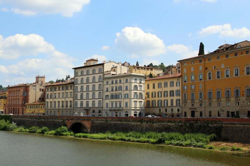 a river with buildings and a bridge