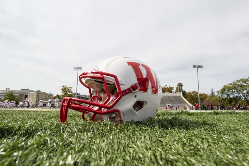 a football helmet on grass