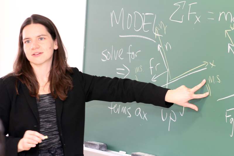 a woman pointing at a chalkboard