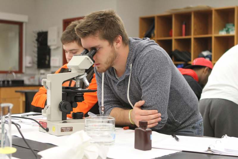 a man looking through a microscope
