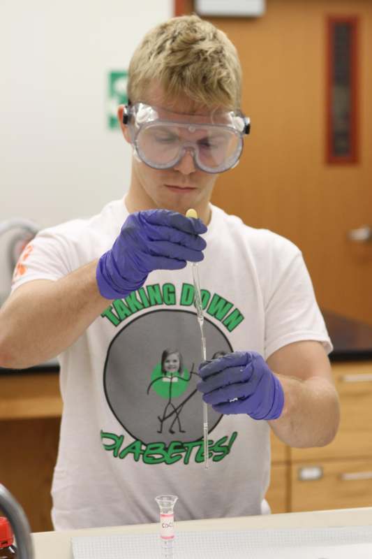 a man wearing goggles and gloves holding a dropper