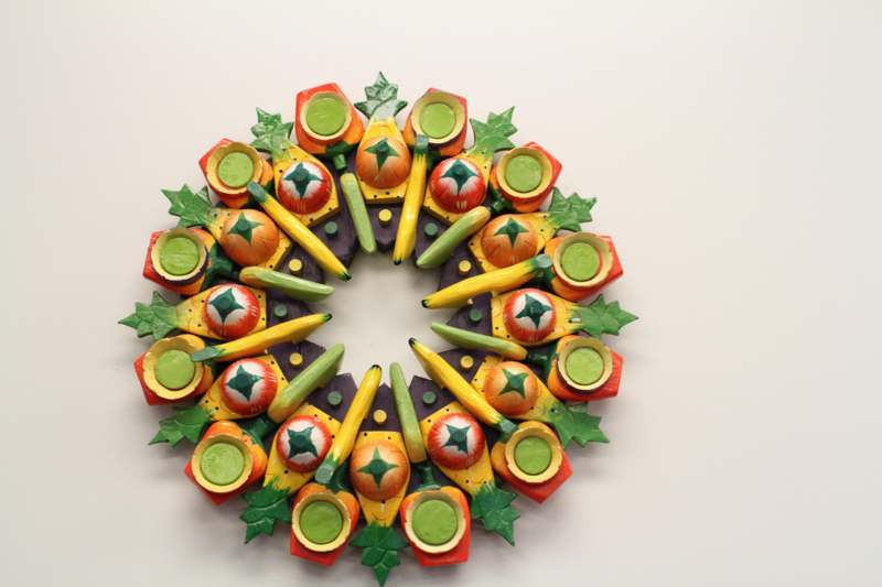 a circular arrangement of vegetables and fruits