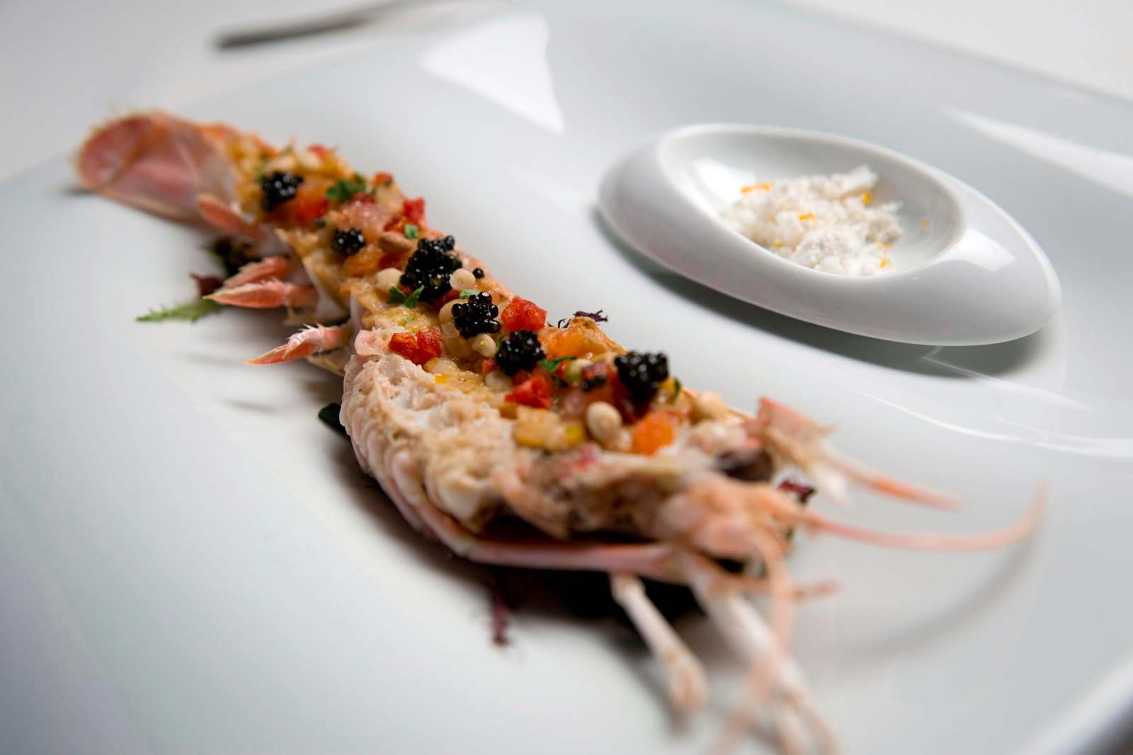 a lobster with black caviar and white sauce
