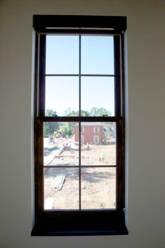 a window with a view of construction