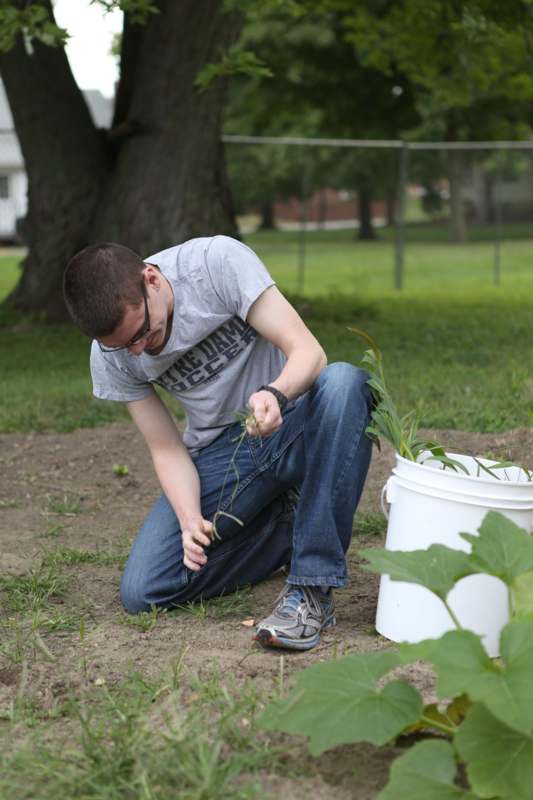 a man kneeling in the dirt next to a bucket of plants
