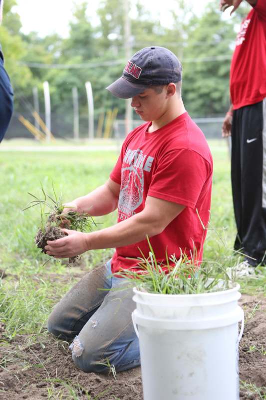a man kneeling in dirt holding a bucket of grass