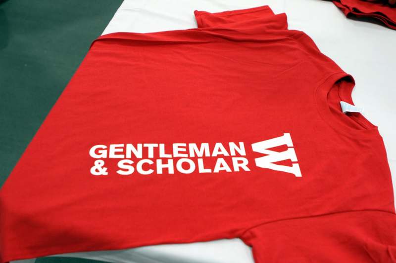 a red shirt with white text on it