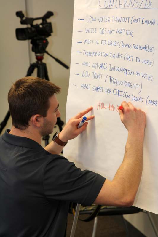 a man writing on a white board