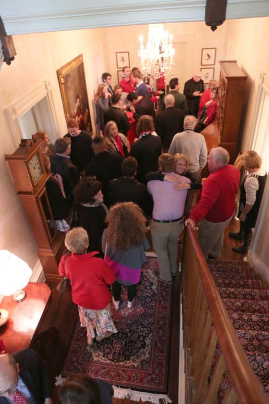 a group of people standing on stairs