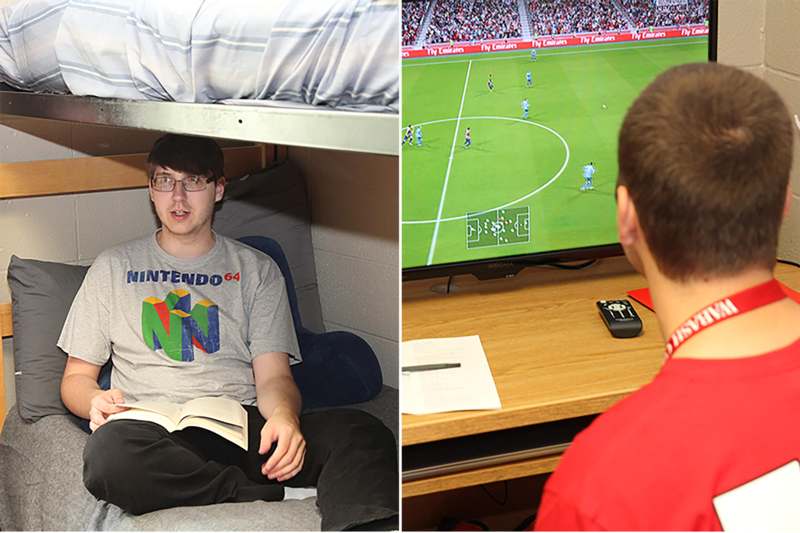 a man sitting in a bed and a man watching a football game