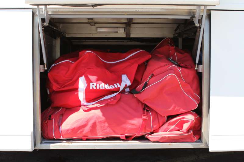 a large red bag in the back of a truck