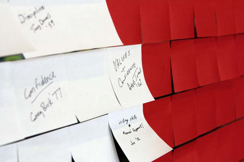 a wall with red and white sticky notes