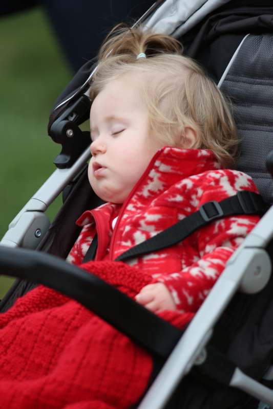 a baby sleeping in a stroller