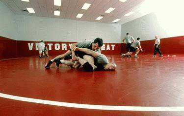 a group of men wrestling in a gym
