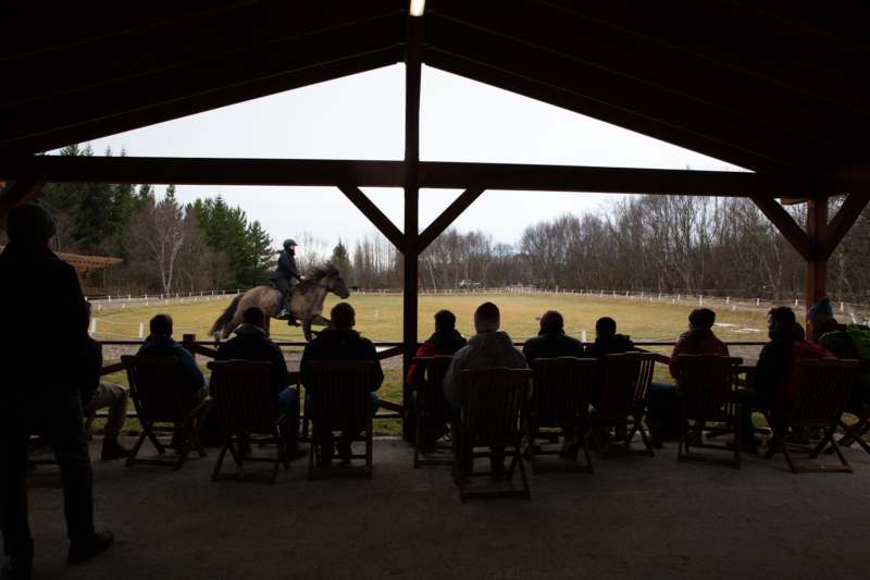 a group of people sitting in chairs watching a horse jumping
