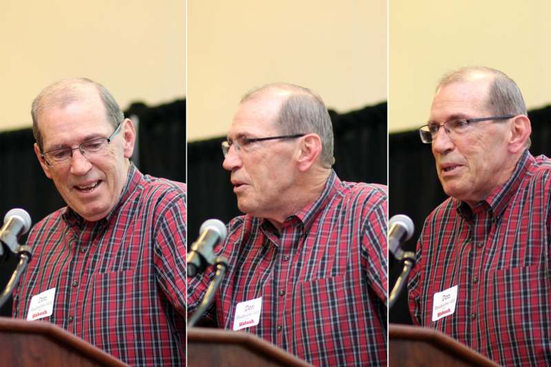 a collage of a man speaking into a microphone
