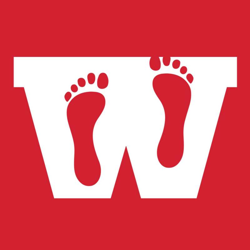a white and red sign with feet in the shape of a w