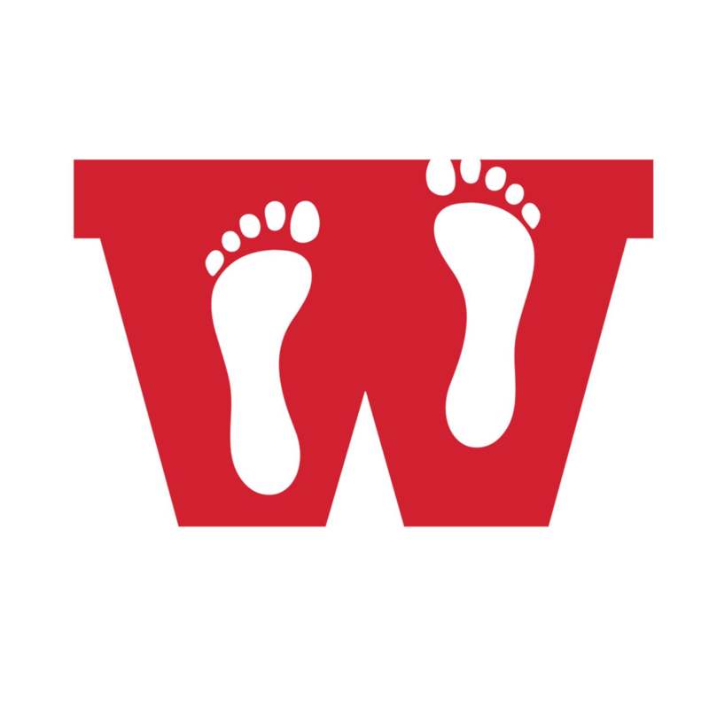 a red and white logo with footprints