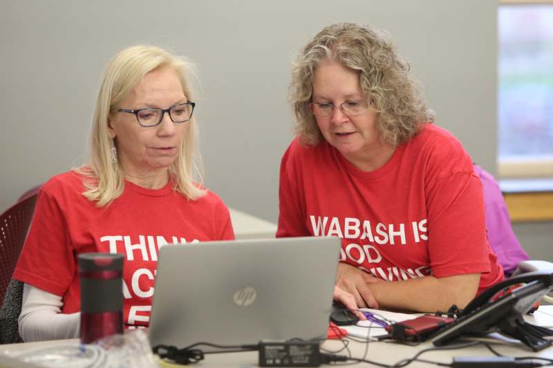 a couple of women looking at a laptop