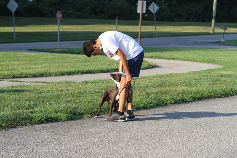 a man petting a dog on a sidewalk