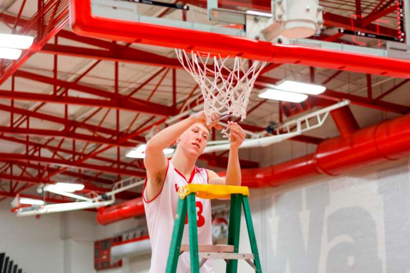 a man on a ladder holding a basketball hoop