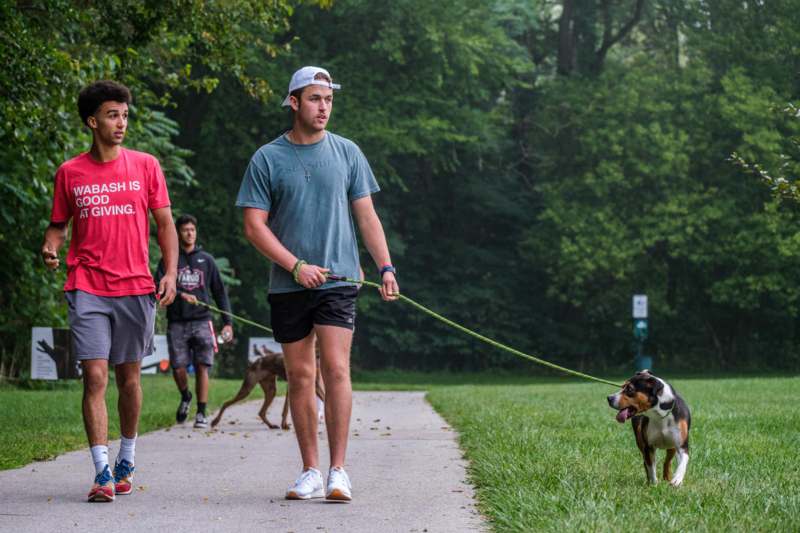 a group of men walking a dog on a leash