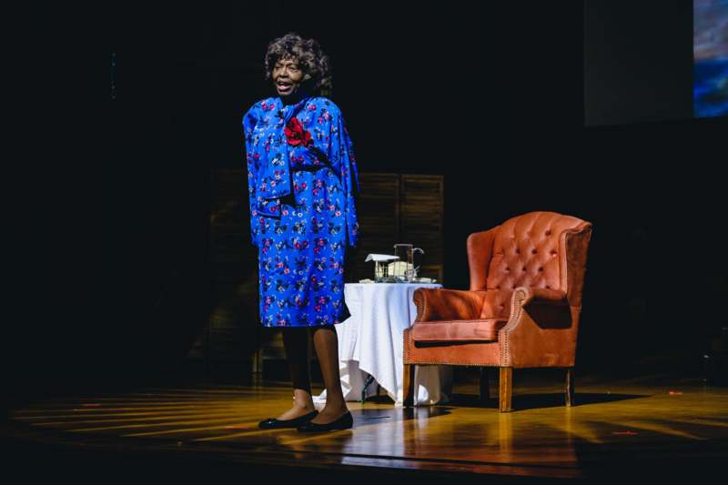 a woman in a blue dress on a stage