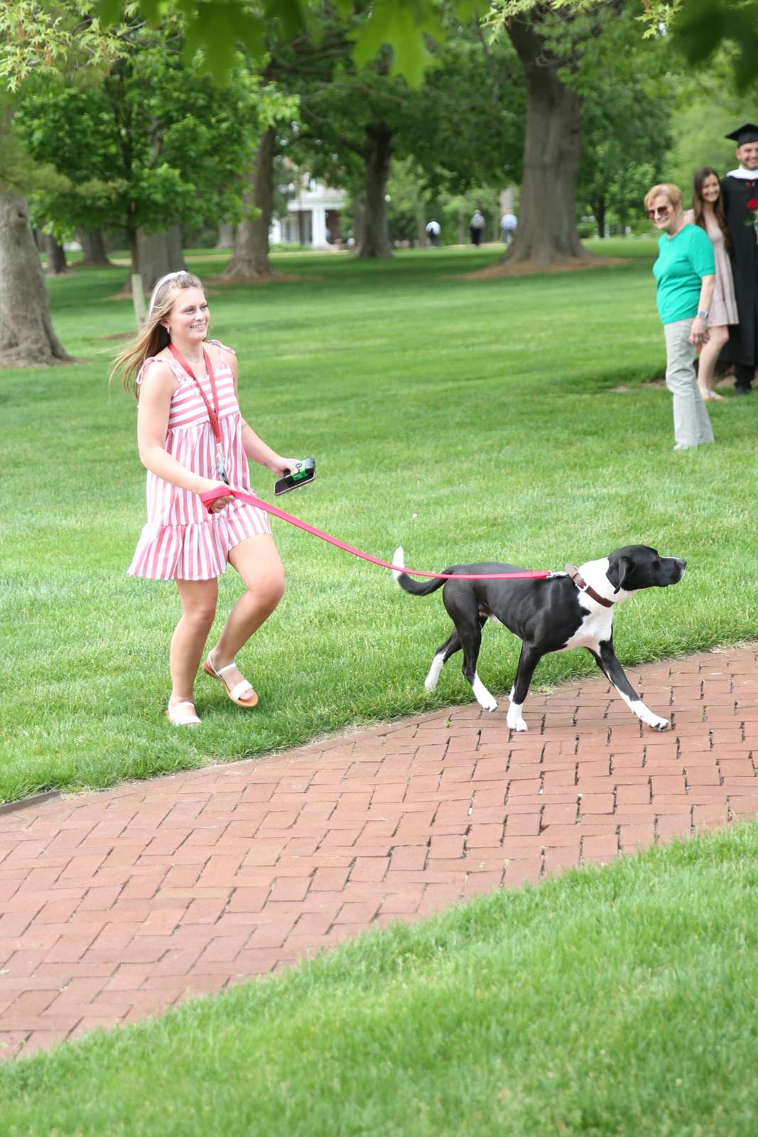 a woman walking a dog on a leash