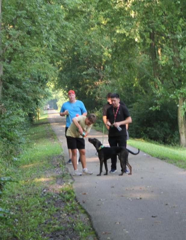 a group of people walking on a path with a dog