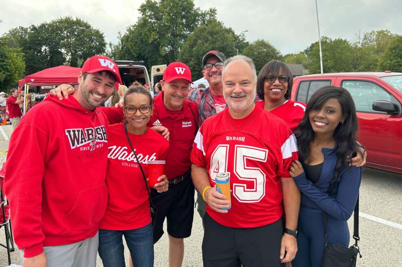 a group of Wabash College football fans at a tailgate