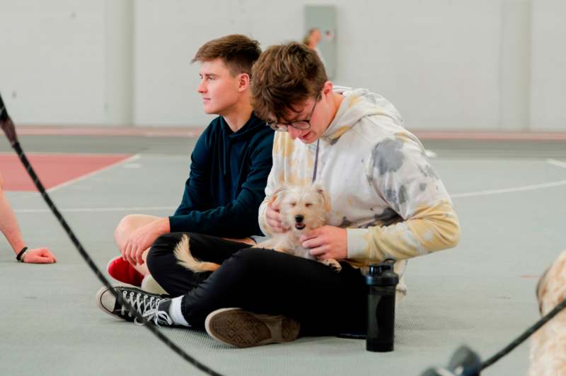 two men sitting on the floor with a dog