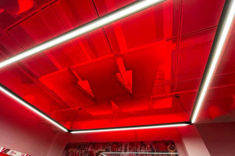 a red ceiling with lights