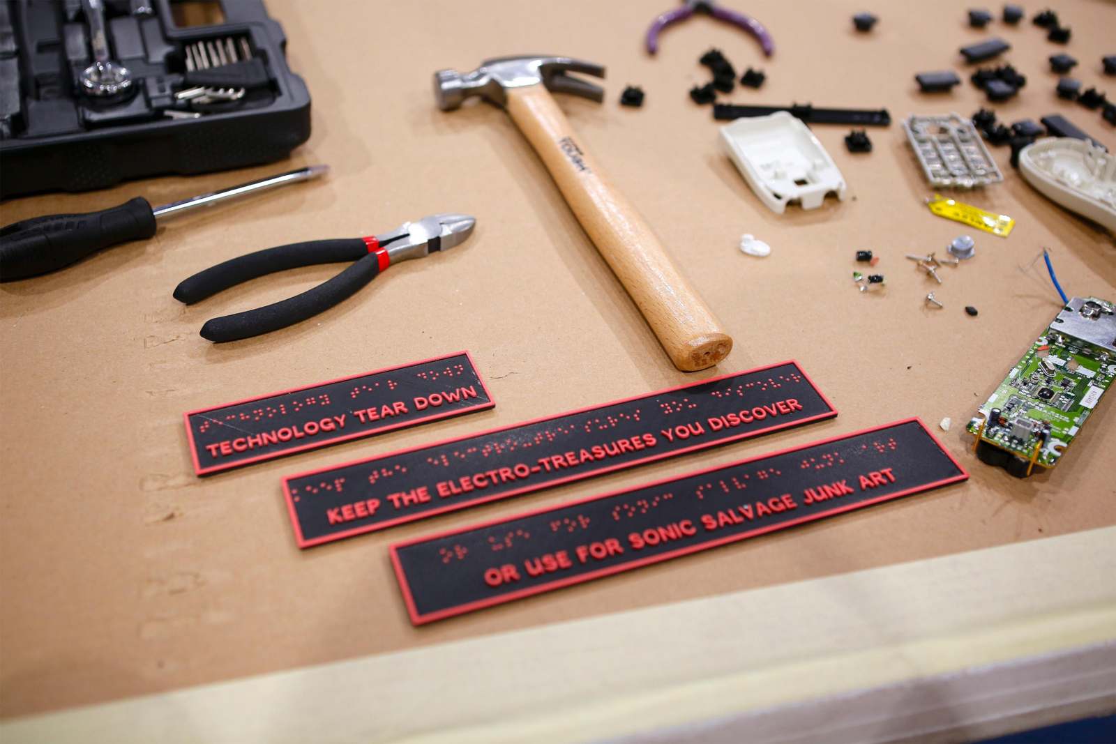 a table with tools and signs