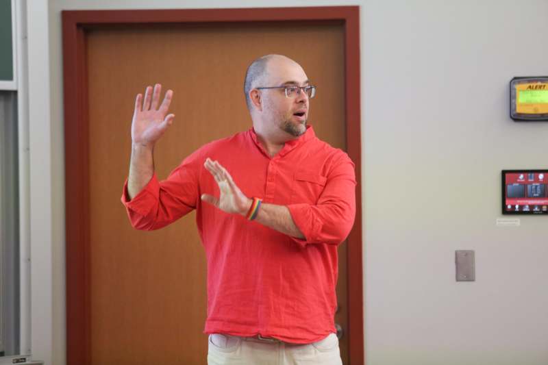 a man in a red shirt