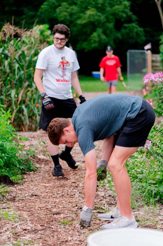 a group of people working in a garden