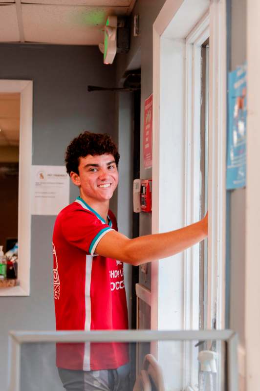 a man in a red shirt