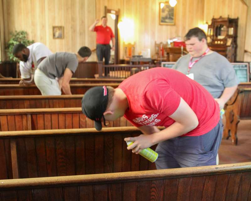 a group of people in a church