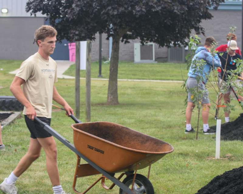 a man pushing a wheelbarrow