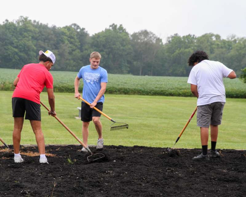 a group of people working in a field