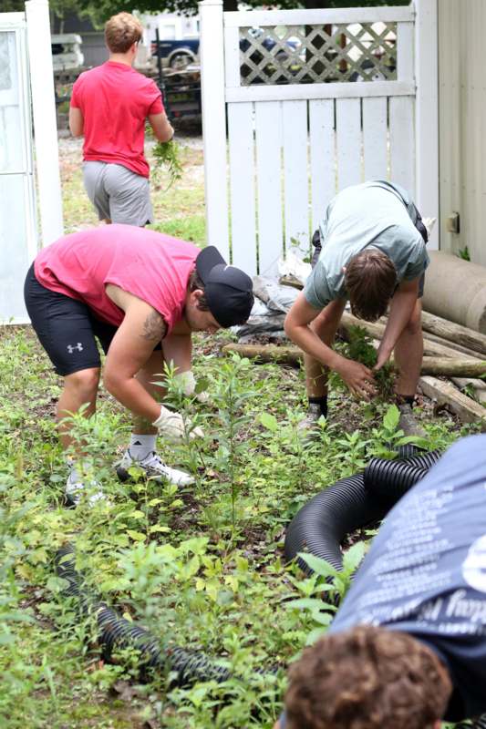 a group of people working in a garden