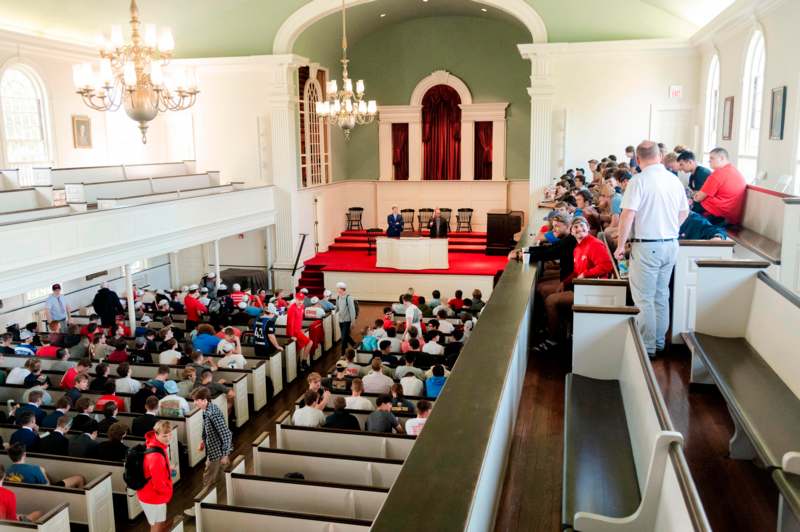 a group of people in a church