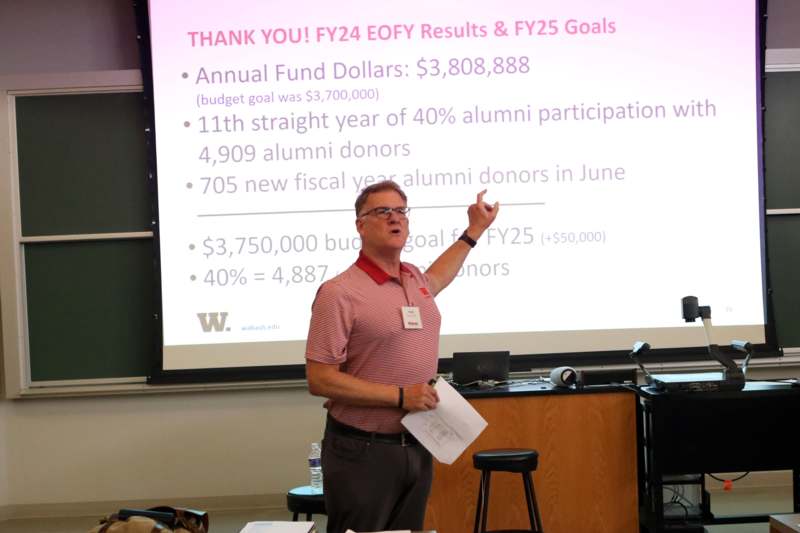 a man standing in front of a projector screen