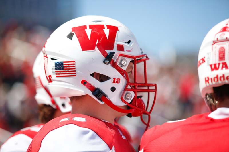 a football players wearing a helmet